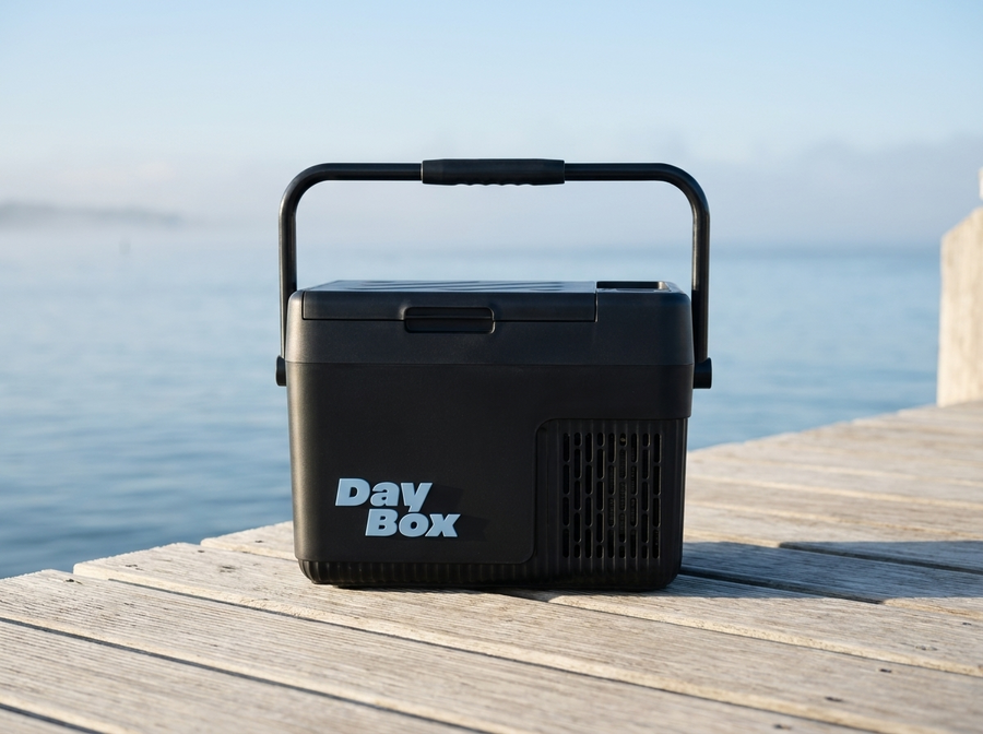 DayBox with Sky Blue badge on a timber jetty beside calm morning water
