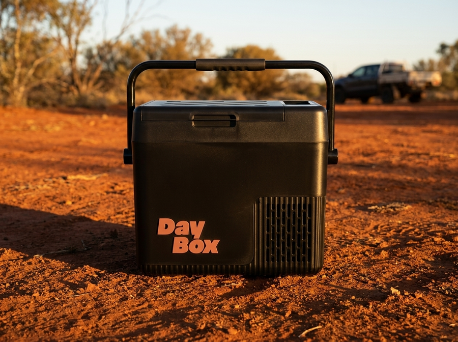 DayBox with Terracotta badge on red outback dirt at golden hour