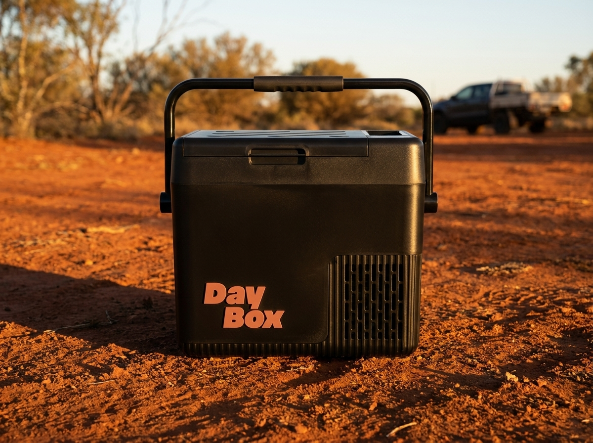 DayBox with Terracotta badge on red outback dirt at golden hour