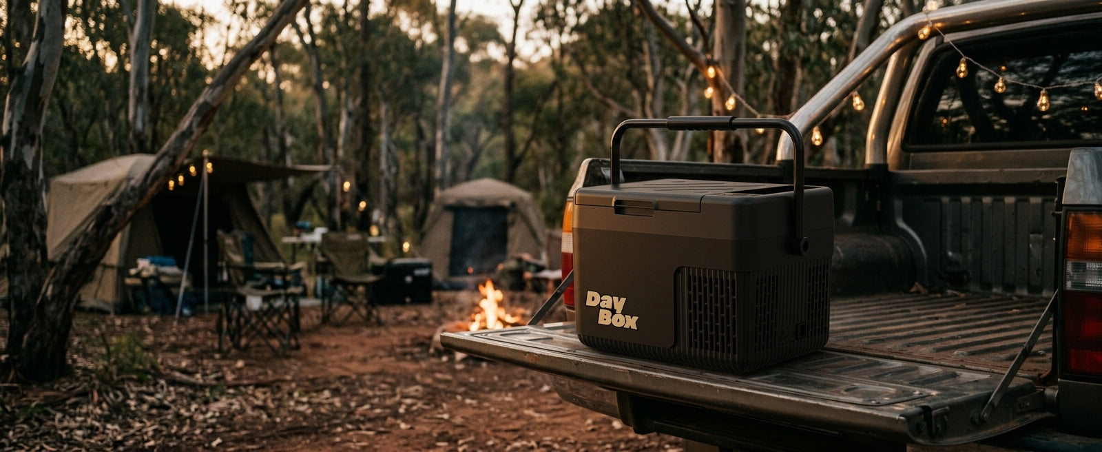 Friends around a DayBox portable fridge outdoors